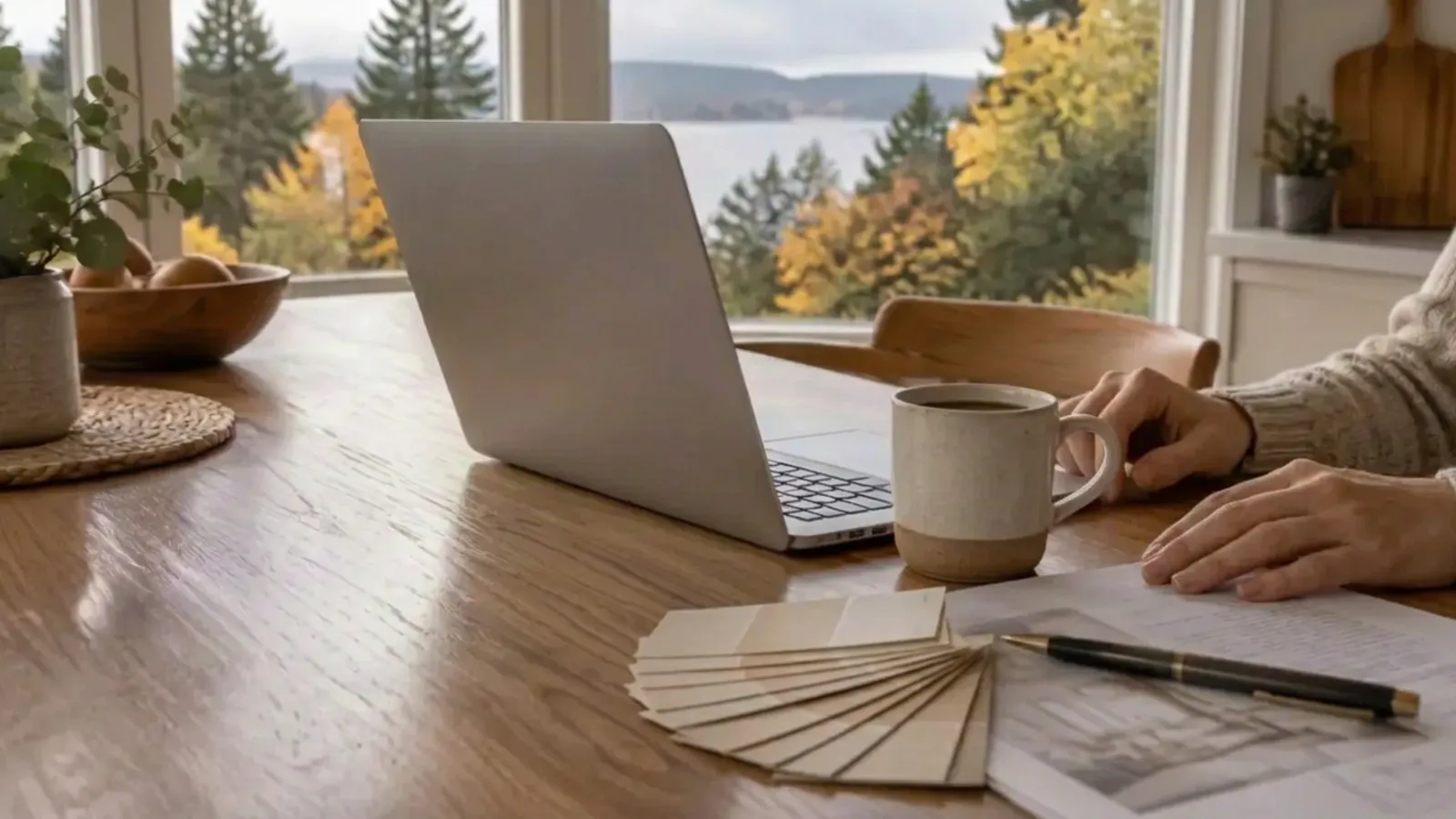 Kenmore homeowner checking a painting contractor's registration on a laptop at the kitchen table