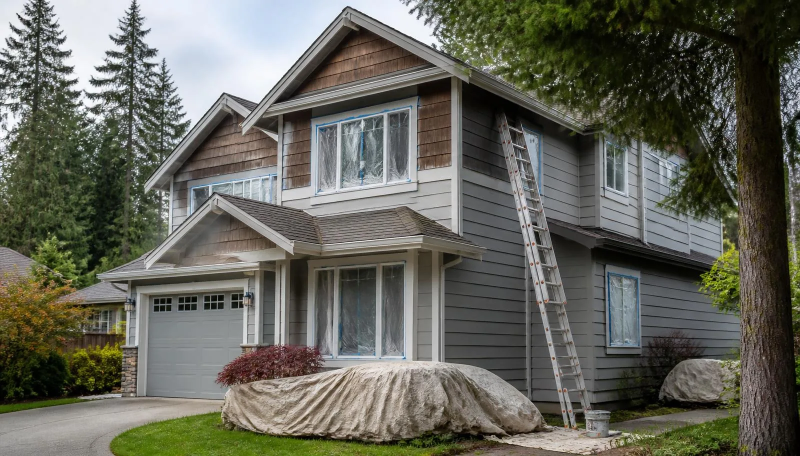 Redmond WA home exterior being prepared for professional painting
