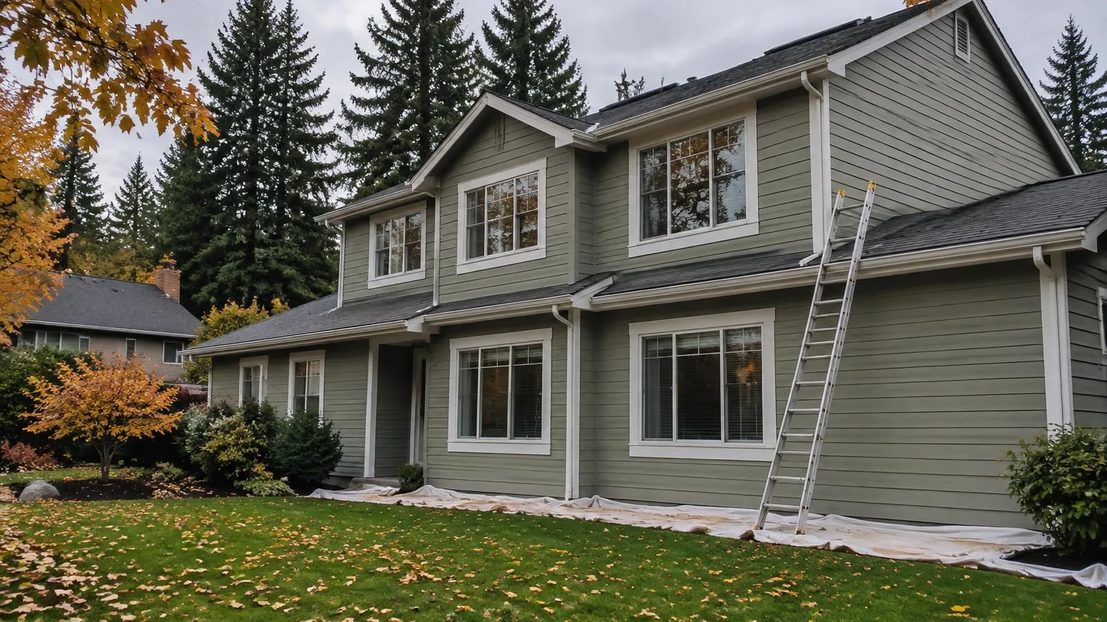 Bothell home exterior being painted on a dry, overcast fall day with ladders and drop cloths in place