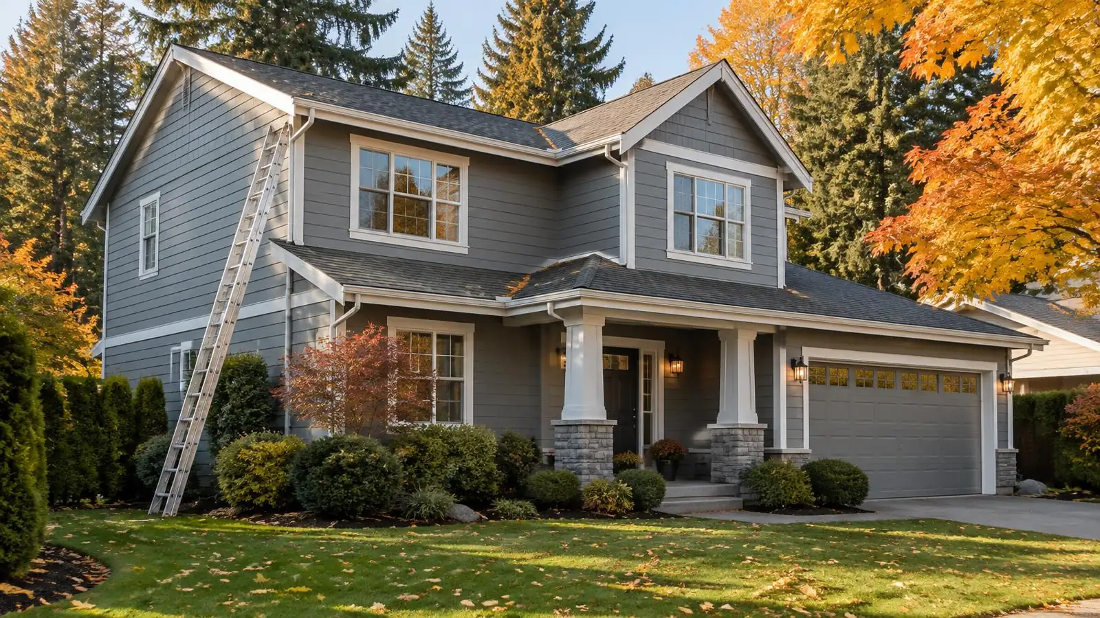 Mill Creek home exterior on a clear October afternoon with fall leaves, freshly cleaned gutters, and a ladder set against the trim