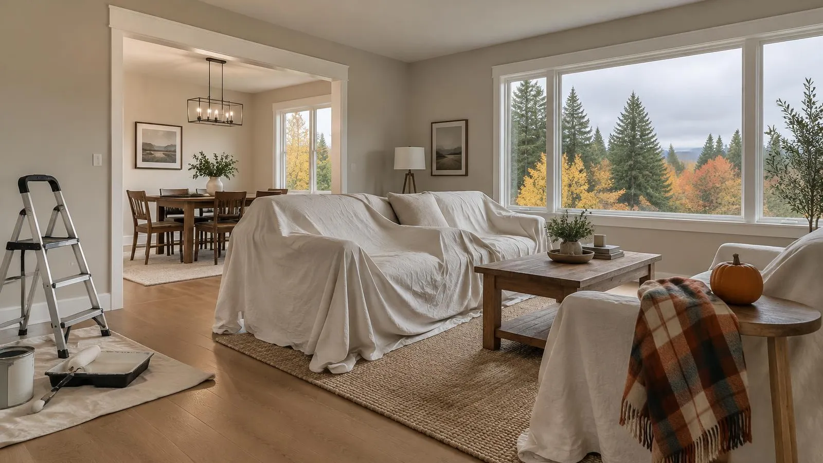 Woodinville living room freshly painted in a warm neutral, furniture covered and ready to move back before the holidays