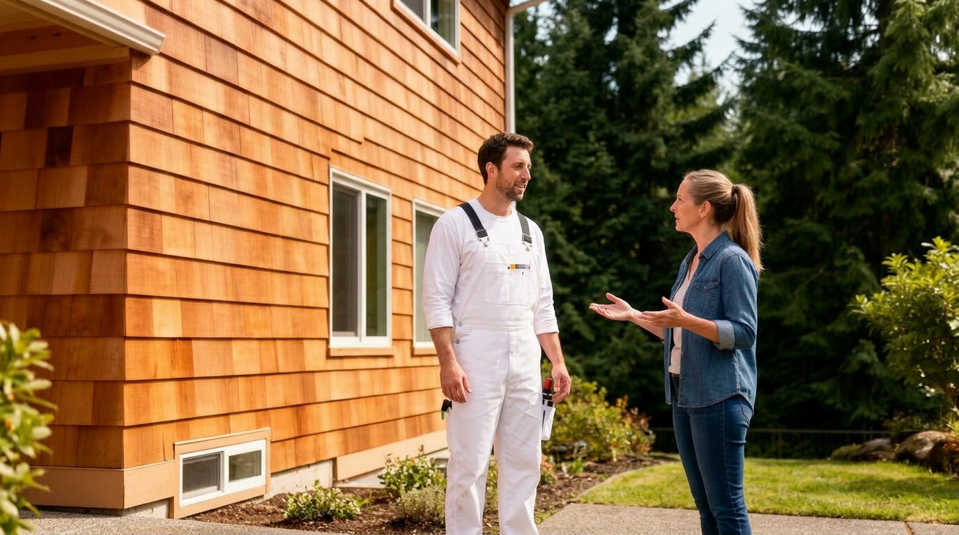 Bothell house painter on an A-frame ladder inspecting cedar siding with a homeowner