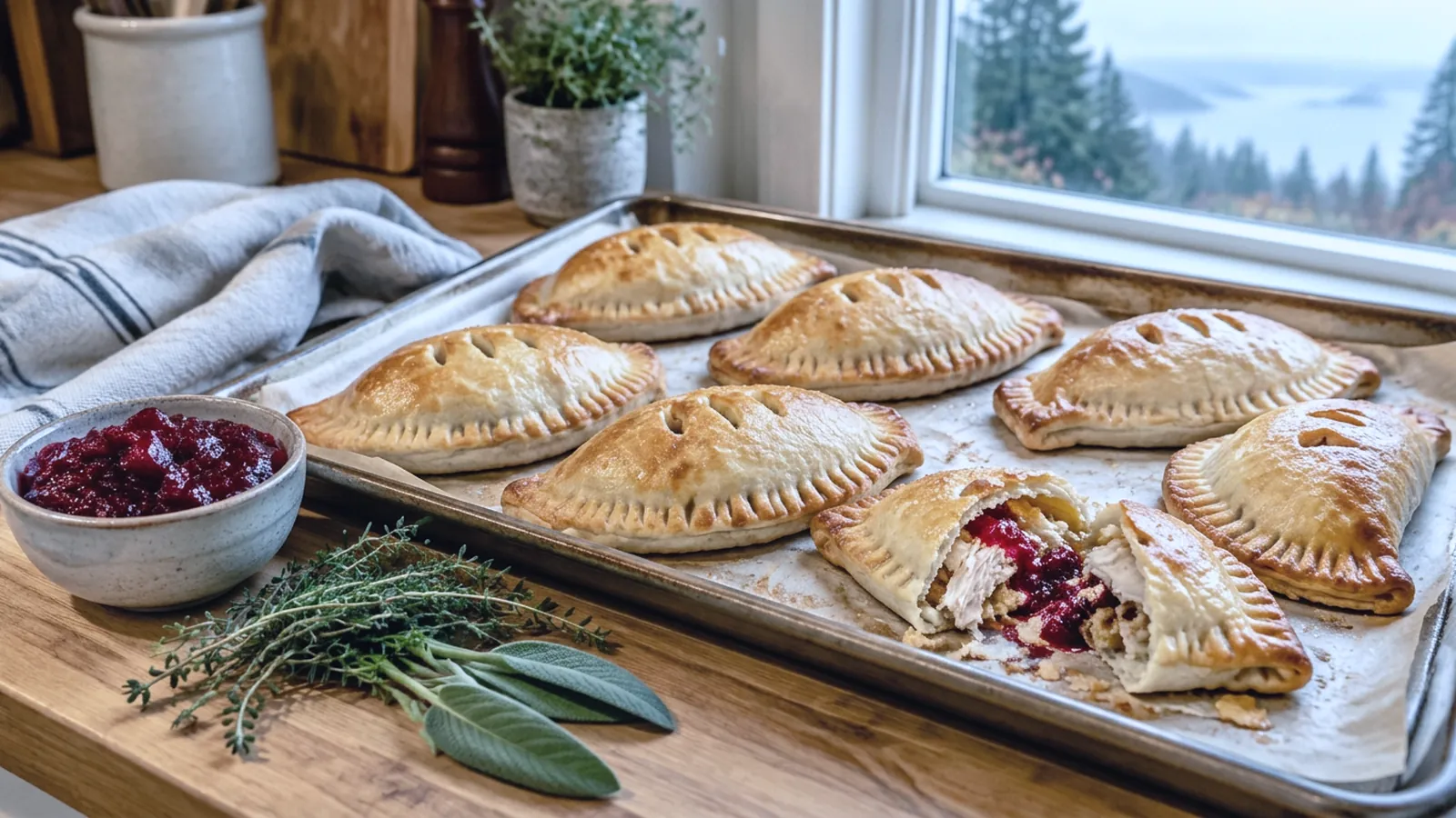 Golden turkey and cranberry hand pies on a parchment-lined baking sheet with a small bowl of cranberry sauce on a wooden kitchen counter