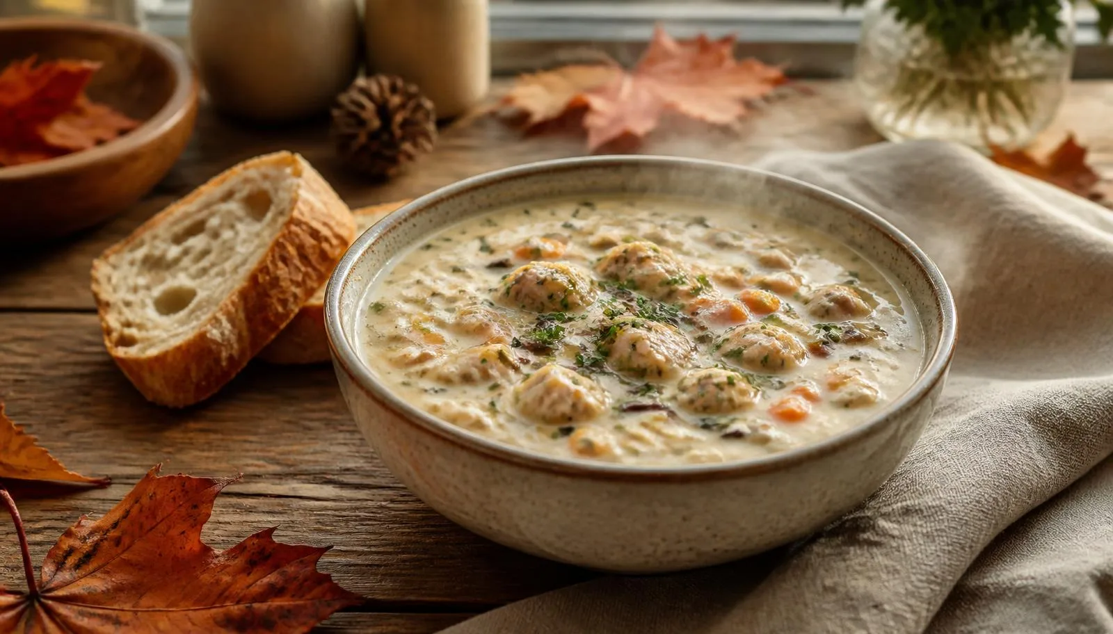 A warm bowl of chicken and wild rice soup on a fall table