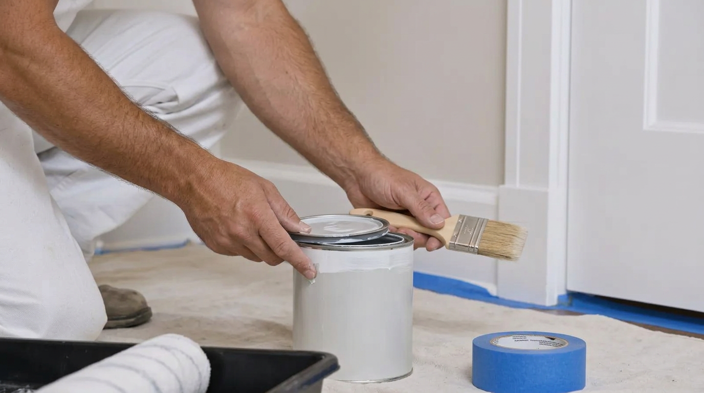 Painter preparing trim and touch-up supplies in a Bothell home