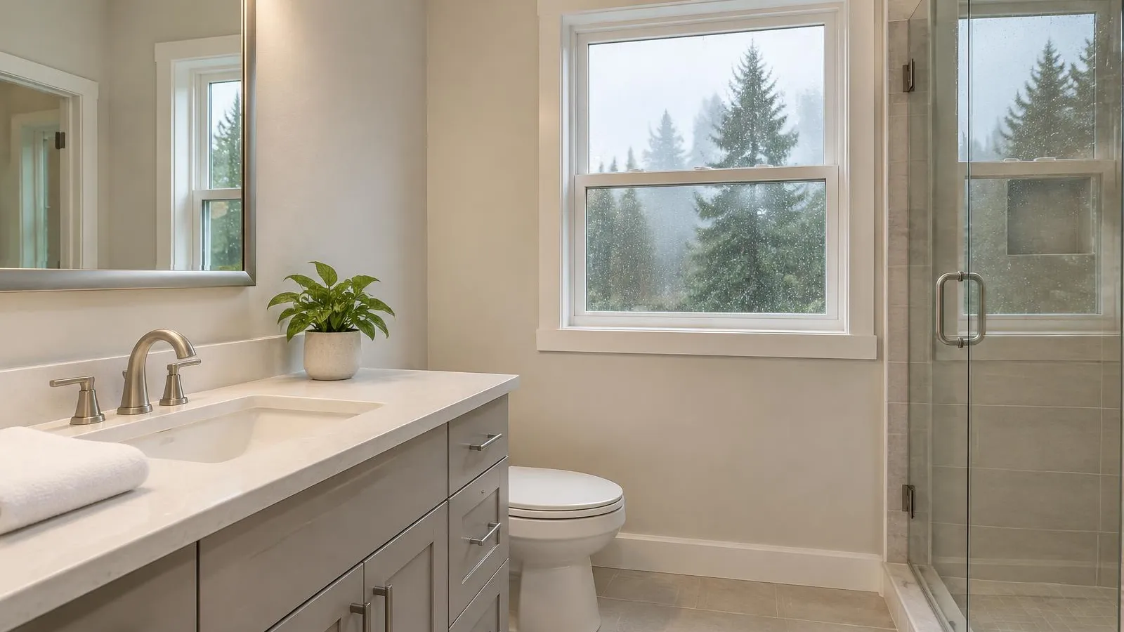Bright Bellevue bathroom with a freshly painted ceiling and rain on the window on a gray fall morning