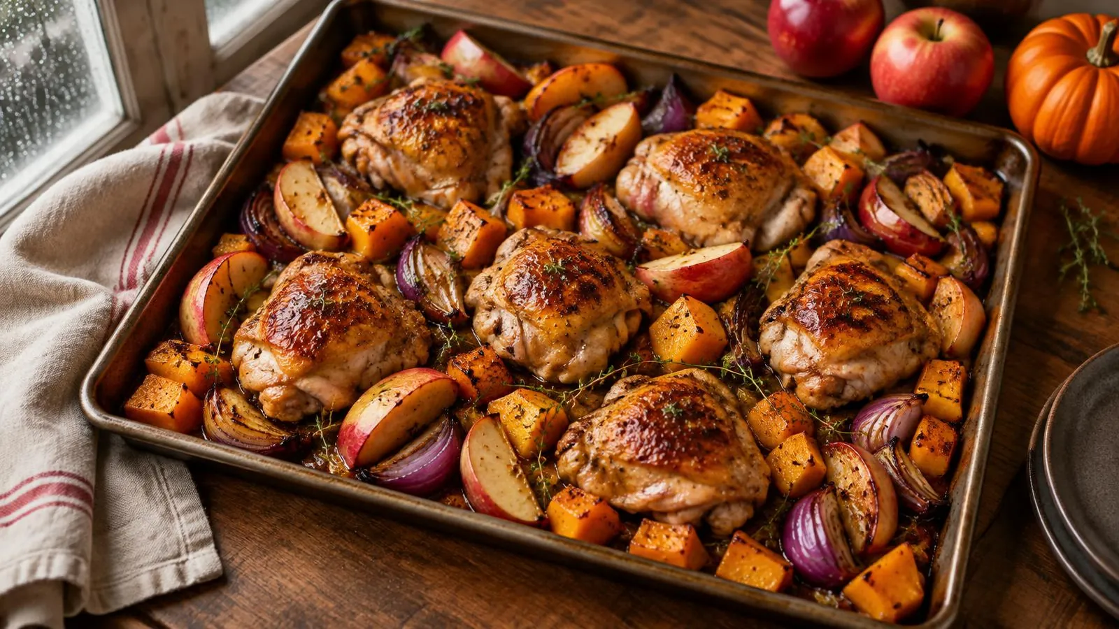 Sheet-pan maple Dijon chicken with roasted butternut squash, apples, and red onion on a rustic fall table