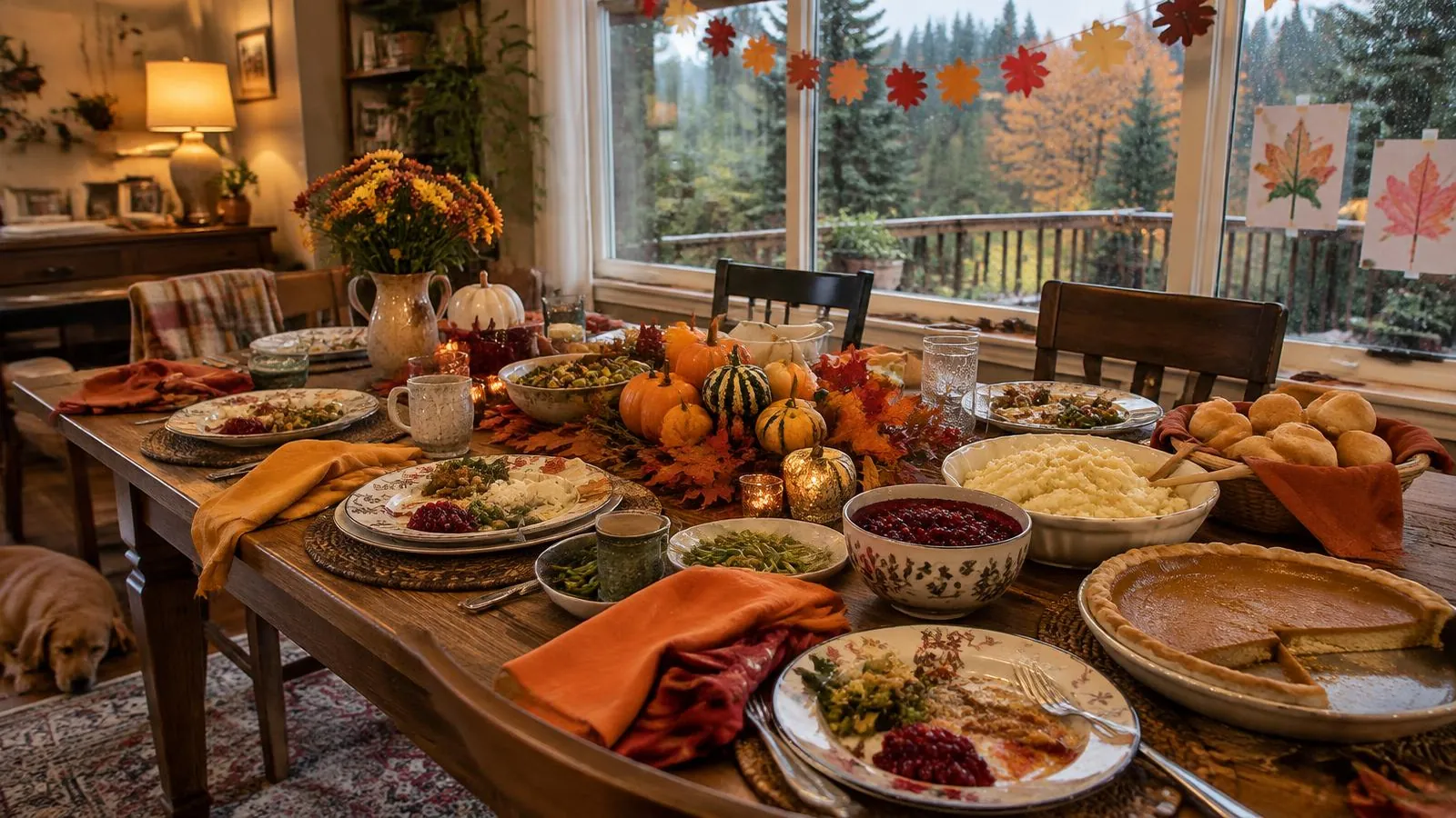 A warm dining table set for Thanksgiving by a rain-streaked window, with gray November light and wet autumn leaves outside a Pacific Northwest home