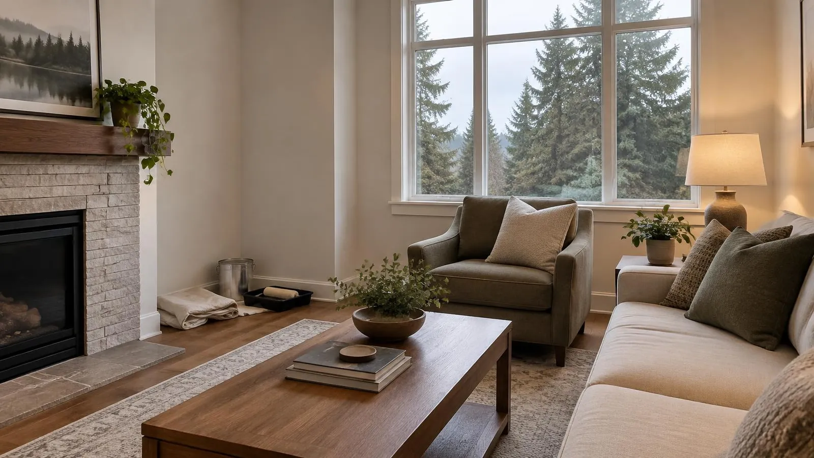 Freshly painted living room in a Pacific Northwest home on a gray winter afternoon, with soft window light and a warm lamp glowing